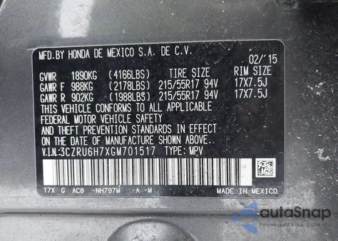 2016 Honda Hr-V Ex-L z USA, uszkodzony, nr VIN 3CZRU6H7XGM701517